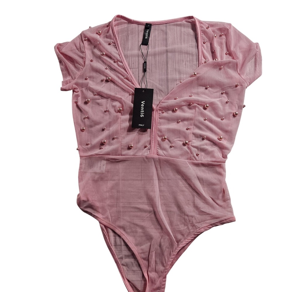Venti6 Blouse Womens Small Pink Mesh Beaded‎ Sheer Deep V Bodysuit Top Party